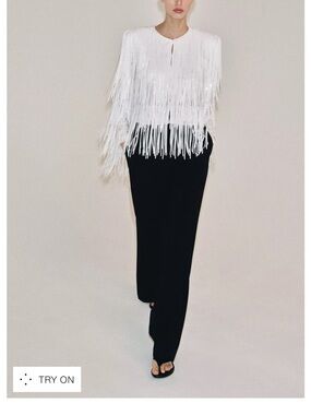 Zara White Fringe Jacket with sequins